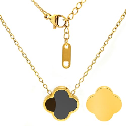 Four Leaf Clover Necklace 18K Gold Plated Necklaces for Women Lucky Flower Pendant Adjustable Link Chain Stainless Steel Dainty Trendy Simple Jewelry Gifts for Women - color: 1G-Single Black