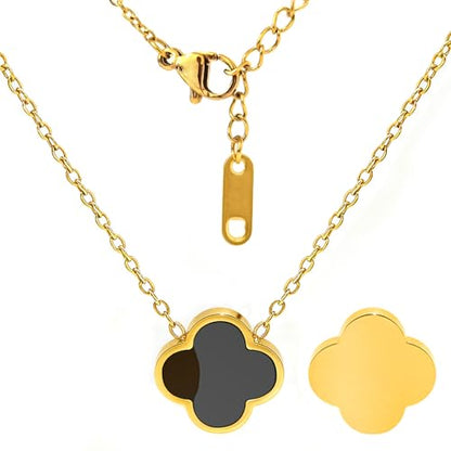 Four Leaf Clover Necklace 18K Gold Plated Necklaces for Women Lucky Flower Pendant Adjustable Link Chain Stainless Steel Dainty Trendy Simple Jewelry Gifts for Women - color: 1G-Single Black