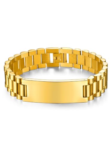 ChainsHouse Men Stainless Steel Bracelet Adjustable Custom ID Engraved Gift | Personalized Silver/Gold/Black for Birthday Father Husband Boyfriend with Gift Box Adjustable Tool 10mm/15mm/15.5mm 8.3"/8.7" - color: I.15mm Width-Gold-No Custom