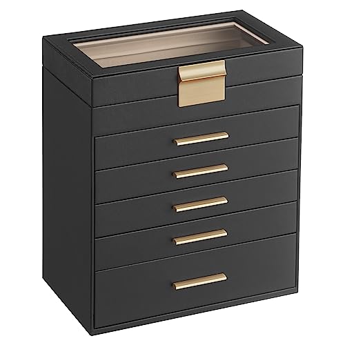 SONGMICS GISELLA Collection - Jewelry Box with Glass Lid, 6-Layer Jewelry Storage Organizer, 5 Drawers, for Sunglasses, Modern Style, Ink Black and Gold Colour UJBC171B01 - color: Ink Black + Gold, size: 6 Layer (6.4"d X 9.9"w)
