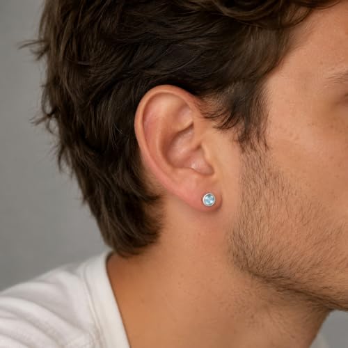 Natural Aquamarine Earrings with 925 Sterling Silver Studs | 6.5 mm Light Blue Stud Earrings for Sensitive Ears | Minimalist Unisex March Birthstone Jewelry | Wedding Bride Gift