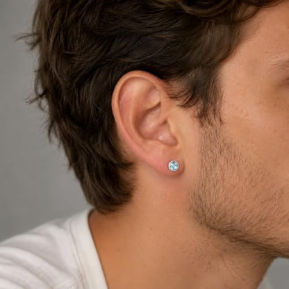 Natural Aquamarine Earrings with 925 Sterling Silver Studs | 6.5 mm Light Blue Stud Earrings for Sensitive Ears | Minimalist Unisex March Birthstone Jewelry | Wedding Bride Gift