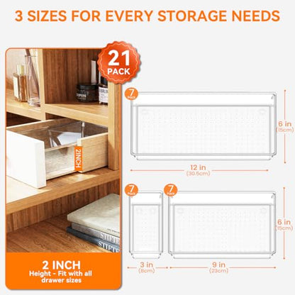 21 Pack Large Clear Plastic Drawer Organizer Trays | BPA-Free Acrylic Organizer Bins for Large Kitchen Utensils, Bathroom, Makeup, Jewelries, Office Desk, School Supplies, Perfume - size: 21 Pack