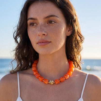 Beaded Necklaces for Women Boho Chunky Necklace Statement Big Resin Bead Choker Fashion Summer Beach Jewelry - color: Orange
