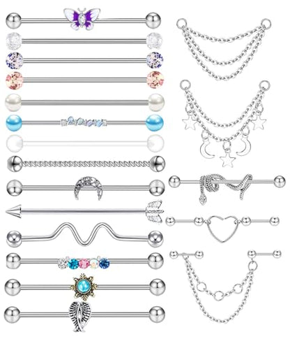 TIANCI FBYJS 7-16pcs 14G Stainless Steel Industrial Piercing Barbell Earring Cartilage Body Jewelry 38mm 1&1/2 Inch Industrial Piercing Bar for Women Men Snake Chain Dangle - color: mix 16pcs