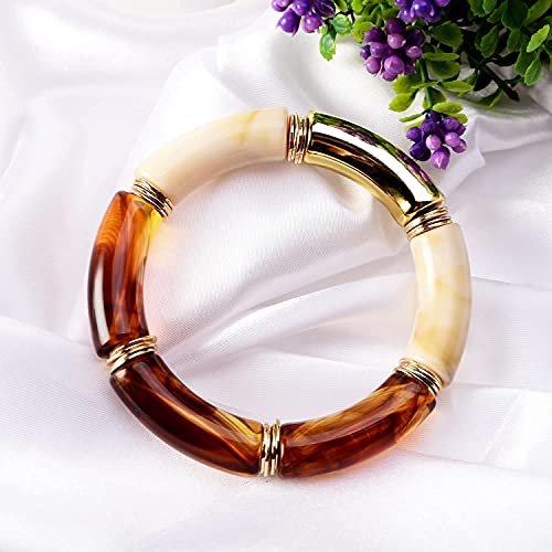GOOJIDS Simple Beaded Gold Plated Bangles Bracelet Chunky Bamboo Tube Curved Stacking Clear Acrylic Colorful Beads Stretchable Gold Plated Bracelets Set For Women - color: A-Coffee