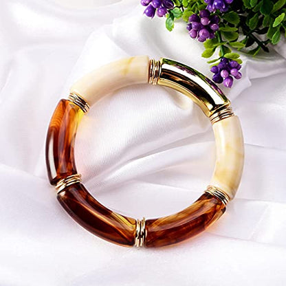 GOOJIDS Simple Beaded Gold Plated Bangles Bracelet Chunky Bamboo Tube Curved Stacking Clear Acrylic Colorful Beads Stretchable Gold Plated Bracelets Set For Women - color: A-Coffee