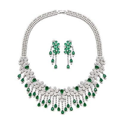 EVER FAITH Bridal Jewelry for Bride Bridesmaid, Elegant Cubic Zirconia Birthstone Cluster Flower Teardrop Wedding Party Necklace Dangle Earrings Sets for Women - color: Green