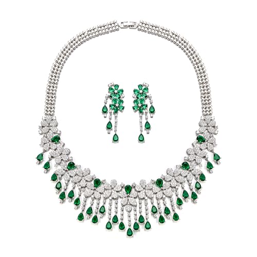 EVER FAITH Bridal Jewelry for Bride Bridesmaid, Elegant Cubic Zirconia Birthstone Cluster Flower Teardrop Wedding Party Necklace Dangle Earrings Sets for Women - color: Green