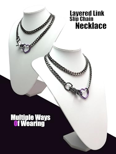 paloli Women's Slip Chain Rainbow Heart O-Ring Chunky Chain Necklace, Rays Cuban Long Layered Jewelry, Adjustable Lariat Y-Necklace Heart Loop Choker - color: F-Heart-Black-Purple