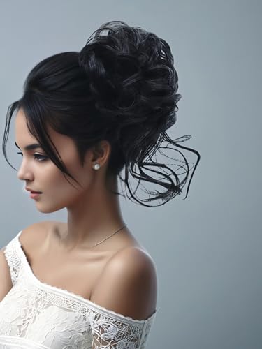 Black Messy Bun Hair Clips with Hair Attached Curly Ponytail Extension Easy Updo Hair Piece for Ladies - color: Natural Black