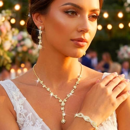Aukmla Rhinestone Wedding Prom Jewelry Sets Silver Diamond Necklaces and Earring Bracelet Set for Brides and Women - color: Gold