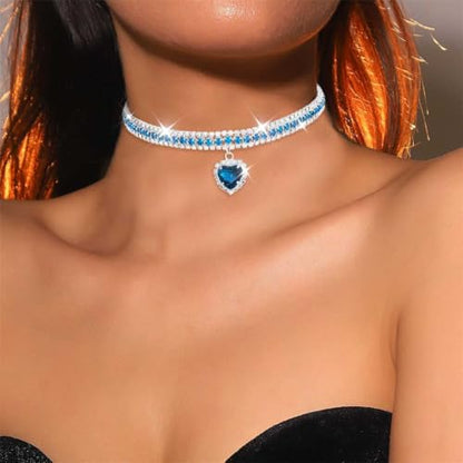 CLOACE Rhinestone Choker Necklace Heart Pendant Diamond Row Necklaces Sparkly Crystal Prom Chain Jewerly Accessories for Women - color: Blue