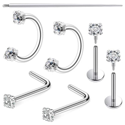 Horseshoe Nose Ring 18G Internally Threaded Nose Rings Hoops Surgical Steel Half Double Cubic Zirconia Nostril Studs Lip Eyebrow Helix Daith Ear Piercing Jewelry For Women - color: silvertone