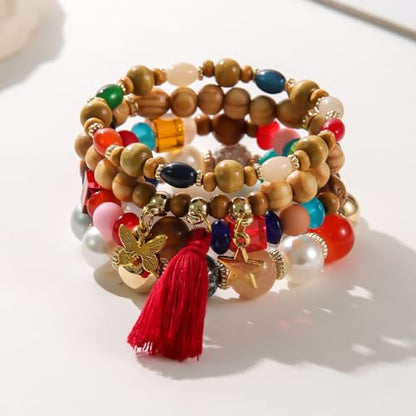 yfstyle Bohemian Stackable Beaded Bracelets for Women Boho Beads Bracelets with Star Butterfly Tassels Retro Stretch Wooden Beaded Bracelets Set Preppy Surfer Heishi Bracelets for Summer Vacation