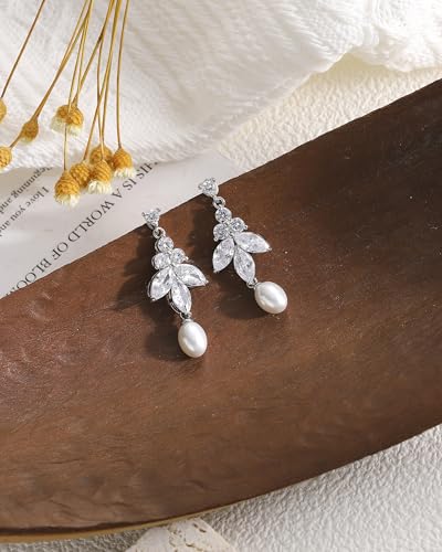 Pearl Earrings for Women, 14k Gold Plated Trendy Diamond Pearl Drop Earrings Bridal Shower Gifts Wedding jewelry for Women - color: Style E Silver