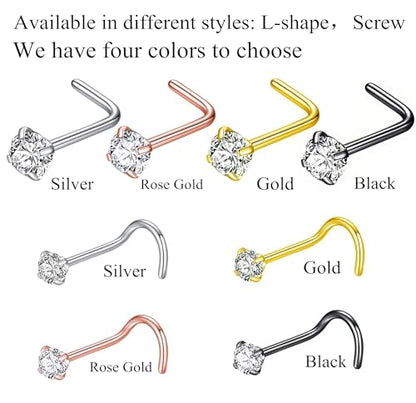 316L Surgical Steel 22g/20g/18g Nose Rings Studs L-Shape Nose Nostrial Piercing Body Jewerly L Shaped Nose Studs 1.5mm 2mm 2.5mm 3mm CZ Nose Screw Studs Rings for Women - style: 6pcs/L-shape/18g/2.0mm Clear CZ/Rose Gold