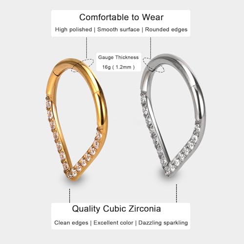 Titanium 16G Septum Ring Piercing Jewelry Nose Rings Hinged Clicker Hoop | G23 Titanium Silver Gold Hinged Segment Daith Piercing Jewelry Non-irritating , Clicker Septum Nose Piercing Jewelry Hoops - color: 03 Heart CZ-Silver, size: 16G-8mm