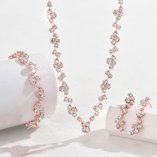 Unicra Bride Crystal Necklace Earrings Set Bridal Wedding Jewelry Sets Rhinestone Choker Necklace Costume Jewelry Set for Women and Brides - color: Rose Gold Necklace Bracelet Earrings