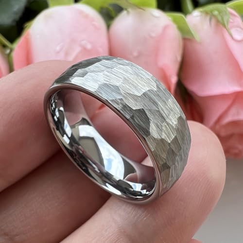 TUTISS 6mm 8mm Silver/Black/Gold/Rose Gold Hammered Tungsten Rings for Men Women Couple Fashion Jewelry Engagement Wedding Bands Domed Matte Finish Comfort Fit - color: 8mm Silver Tungsten