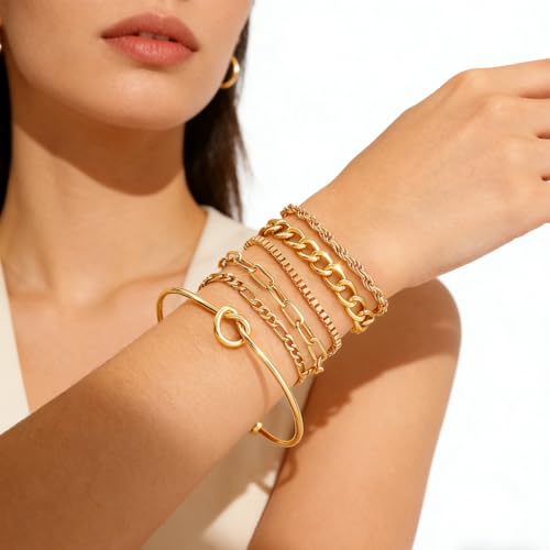 Alegend 14K Gold Plated Stackable Multilayer Bracelets + Titanium Steel(Not Rust, Resist Corruption, Easily Clean) 18K Gold Plated Single Bracelets - color: 14K Gold Plated Six-Layered