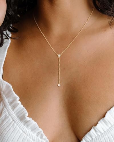 Lariat Gold Necklace for Women, Dainty Long Necklace 14k Gold Plated/Silver Y-Shaped Pendant Necklace Trendy Layered Cz Beaded Chain Drop Necklaces Simple Gold Jewelry for Women Gift - style: LC-1NK-22267-GDW