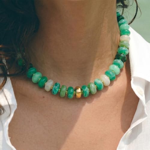 Beaded necklace for Women Boho Bead Gemstone Chunky Necklace Big Bead Necklace Fashion Trendy Summer Necklaces Jewelry Gifts - color: Gradient Green&GD Beaded