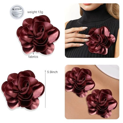 2Pack 6inch Extra Large Satin Brooches Lapel Pins Dainty Elegant Fabric Camellia Rose Flower Brooch Pin for Women Wedding Part Dance Clothes Accessories Jewelry - color: Cameo Brown