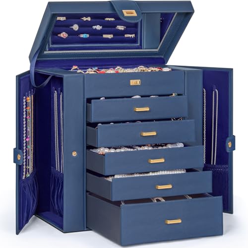 AKOZLIN 6-Tier Jewelry Box Organizer Functional 5 Drawers Leather Jewelry Storage Case for Women Girls Ring Necklace Earring Bracelet Holder Organizer with Mirror Extra Large Blue - color: Blue, size: Extra Large