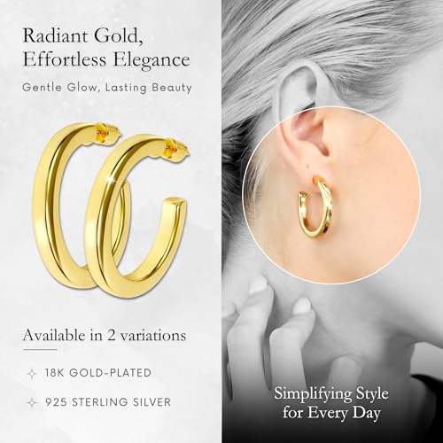 18K Gold Plated Sterling Silver Earrings for Women – Pure & Polished, Twist, Square, Hinged Tube, Abstract & Heart Shape Hoops – Lightweight, Hypoallergenic, Non-Tarnish Jewelry (Sizes: 3x35mm-46x30mm) - color: Gold, size: Square Tubing Hoop (4x40mm)