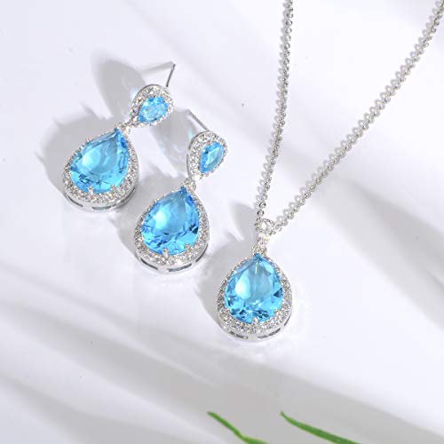 Bridal Jewelry Set for Wedding - 18k Plated Teardrop CZ Crystal Cubic Zirconia Rhinestone Necklace Earrings Set for Bride Bridesmaids Mother of Bride Party Prom Birthstone Costume Jewelry - color: Mar-Aquamarine