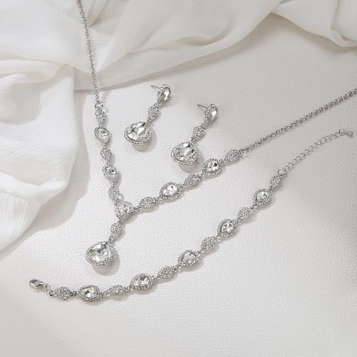 EleQueen Women's Wedding Bridal Jewelry Sets for Brides Bridesmaids, Cubic Zirconia Teardrop Necklace Tennis Bracelet Dangle Earrings Jewellery Set - color: 07-Clear Silver-Tone