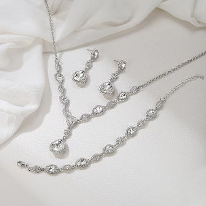 EleQueen Women's Wedding Bridal Jewelry Sets for Brides Bridesmaids, Cubic Zirconia Teardrop Necklace Tennis Bracelet Dangle Earrings Jewellery Set - color: 07-Clear Silver-Tone