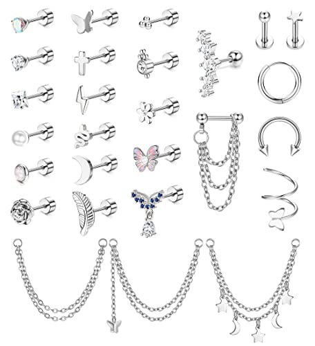 Besteel 27Pcs Flat Back Earrings Hypoallergenic Surgical Steel Stud Earring Stacks Set Dainty Chain Dangle Cartilage Tragus Daith Helix Piercing Jewelry for Women Men Trendy 16G - color: Silver