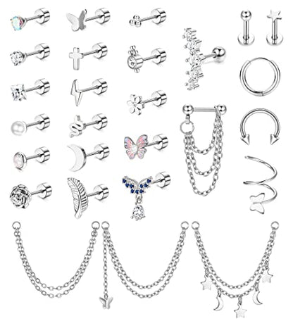 Besteel 27Pcs Flat Back Earrings Hypoallergenic Surgical Steel Stud Earring Stacks Set Dainty Chain Dangle Cartilage Tragus Daith Helix Piercing Jewelry for Women Men Trendy 16G - color: Silver