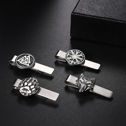 Mens Viking Cufflinks and Tie Clip: Norse Viking Tuxedo Shirt Cuff Links and Cool Tie Clip Shirt Accessories for Business Valentines Christmas Birthday - style: Wolf Head Tie Clip