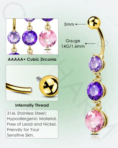 Cute Dangly Opal Belly Button Rings 14g 316L Stainless Steel Dangle Navel Rings for Women Belly Button Piercing Dangling Navel Bar - color: Purple CZ