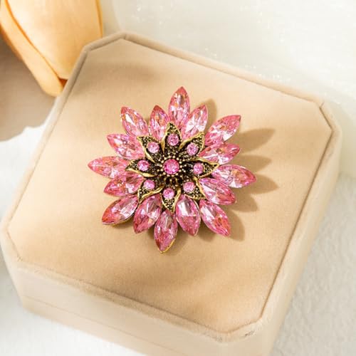 Sparkling Rhinestone Flower Brooch Pin Fashion Crystal Sunflower Brooch Floral Lapel Pins Red/Green/Purple/Pink Crystal CZ Broochs Large Flower Pin Clothes Hat Bag Dress Broochs Wedding Bridal Jewelry for Women - color: Pink