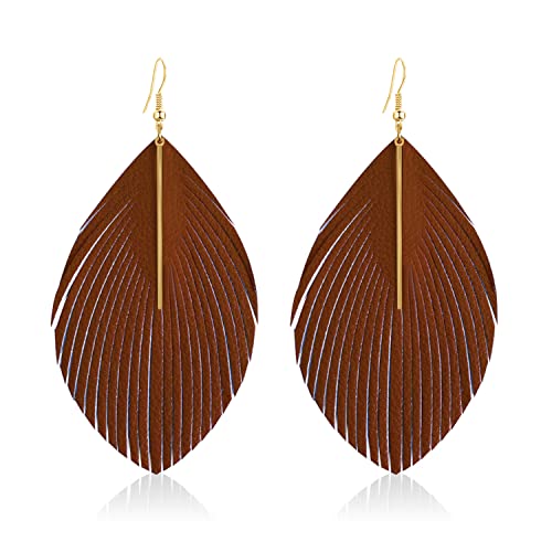 Bohemian Handmade Lightweight Color Large Genuine Soft Leather Fringe Feather Leaf Tear Dangle Drop Earrings for Women Statement - color: Brown