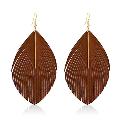 Bohemian Handmade Lightweight Color Large Genuine Soft Leather Fringe Feather Leaf Tear Dangle Drop Earrings for Women Statement - color: Brown