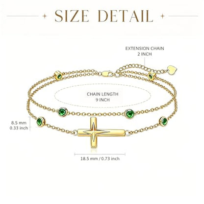 Midari 18K Yellow Gold Gemstone Birthstone Anklet Bracelet Cross Jewelry with 12 Months Birthstone Birthday Gifts for Women Wife Her Daughter Mom - color: 05-May-Emerald, size: Anklet 9"-11"