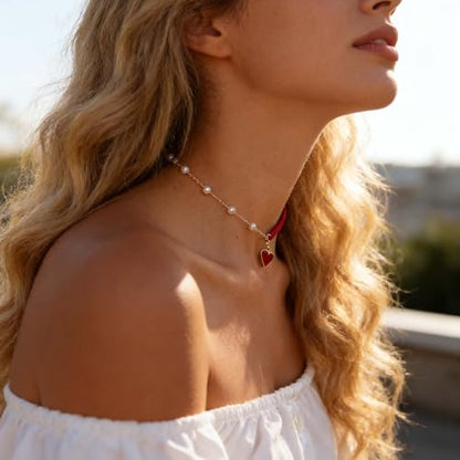 Andelaisi Boho Red Velvet Choker Necklace Vintage Pearl Heart Pendant Necklace Red Heart Necklace Love Heart Pearl Stitching Necklace Jewelry for Women