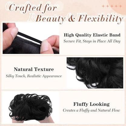 2PCS Messy Bun Hair Pieces Synthetic Hairpieces For Women Natural Black | Messy Bun and Donut Bun in one set for natural-looking volume and elegant updos for every occasion. - color: Natural Black