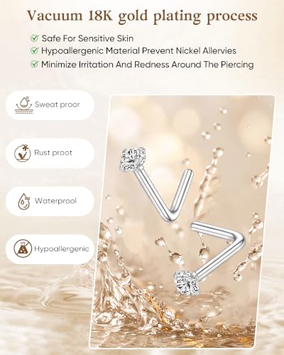 8Pcs 20G Gold/Silver 316L Surgical Stainless Steel L Shaped Corkscrew Nose Studs earrings, Hypoallergenic Nickel Free Tiny Clear Cubic Zirconia Nose Piercing Jewelry 2mm‑4mm,cartilage piercings, Minimalist Dainty Body Piercing Accessories for Sensitive Sk