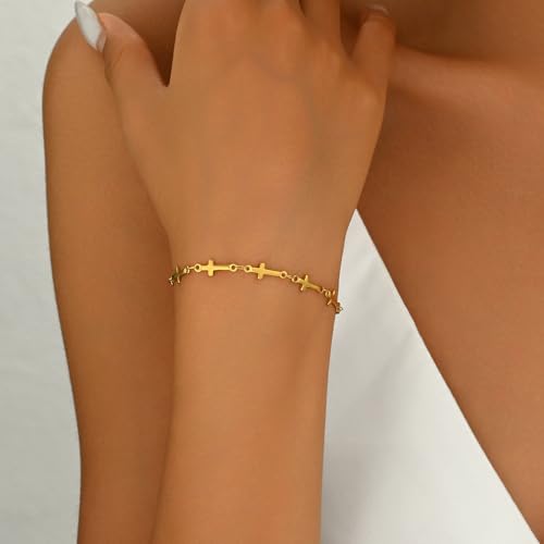 18K Gold Plated Pearl Beaded Cross Bracelets for Women Adjustable Stainless Steel Dainty Thin Gold Box Cuban Twisted Link Chain Bracelet Bridesmaid Jewelry Gifts - color: Multi Cross-Gold