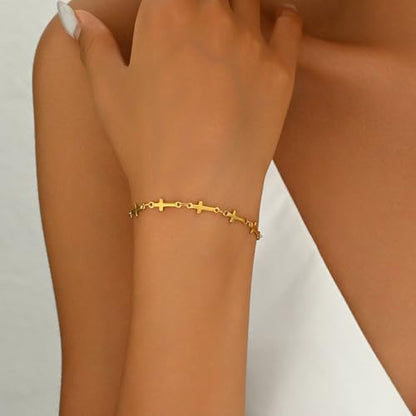 18K Gold Plated Pearl Beaded Cross Bracelets for Women Adjustable Stainless Steel Dainty Thin Gold Box Cuban Twisted Link Chain Bracelet Bridesmaid Jewelry Gifts - color: Multi Cross-Gold