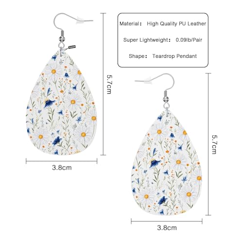 Daisy Faux Leather Earrings Wild White Poppies Flower Blossom Nature Teardrop Leather Dangle Earrings Women Earrings For Wedding Bridal - color: Daisy