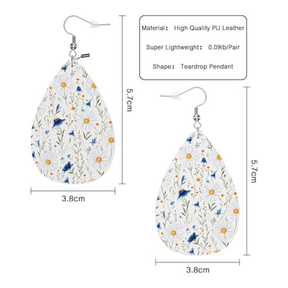 Daisy Faux Leather Earrings Wild White Poppies Flower Blossom Nature Teardrop Leather Dangle Earrings Women Earrings For Wedding Bridal - color: Daisy