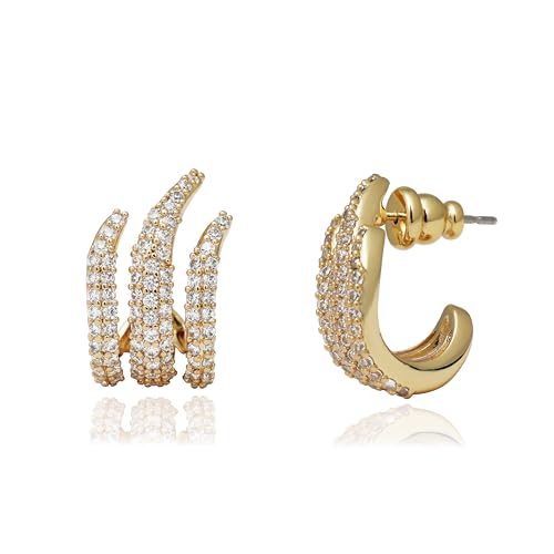 Obidos 14K Gold Plated Illusion Stud Earrings for Women | Triple Huggie Hoop Earrings for One Hole| Trendy Simple Hypoallergenic Fashion Accessories Gold Jewelry Gifts for Womens - color: Illusion Stud Earrings-Yellow Gold