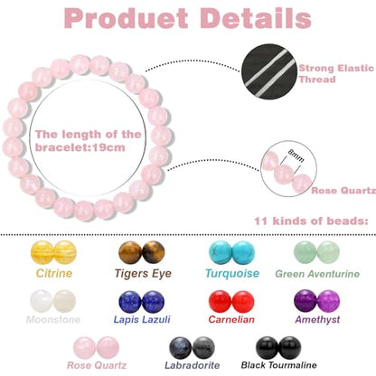 Raicegs 4 6 8MM Beaded Bracelets Healing Crystal Bracelet for Women Men Natural Stone Handmade Stretch Bracelet Reiki Spiritual Jewelry - color: Rose Quartz, size: 8mm